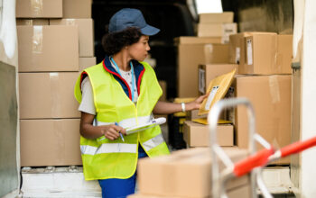 Black female courier working and checking packages in a delivery van.