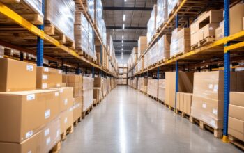 A vibrant wide-angle view of a bustling warehouse filled with neatly stacked boxes and organized shelves Brightly lit and spacious, this warehouse showcases tall shelves filled with neatly arranged boxes, offering an efficient storage solution for various products.