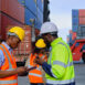 African American male workers and teams in safety uniforms and hardhats use walkie-talkies, work at logistic crane with stacks of containers, load control shipping goods, and cargo transport industry.