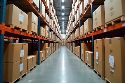 Warehouse interior. Cardboard boxes stacked on pallets. Plenty of products stored, on shelves. Organized storage. Large industrial space. High ceilings. Commercial storage. Goods ready for shipping.