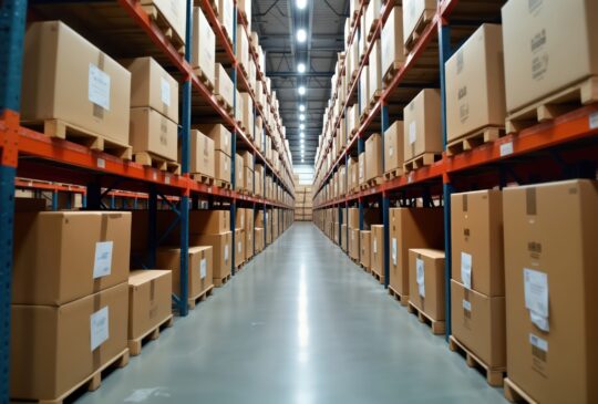 Warehouse interior. Cardboard boxes stacked on pallets. Plenty of products stored, on shelves. Organized storage. Large industrial space. High ceilings. Commercial storage. Goods ready for shipping.