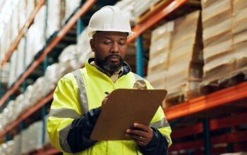 expérience courtage Black man, supervisor and clipboard at warehouse with counting or checklist, stocktake and delivery. Male person, employee and manufacturing for supplier in supply chain, logistics and wholesale.