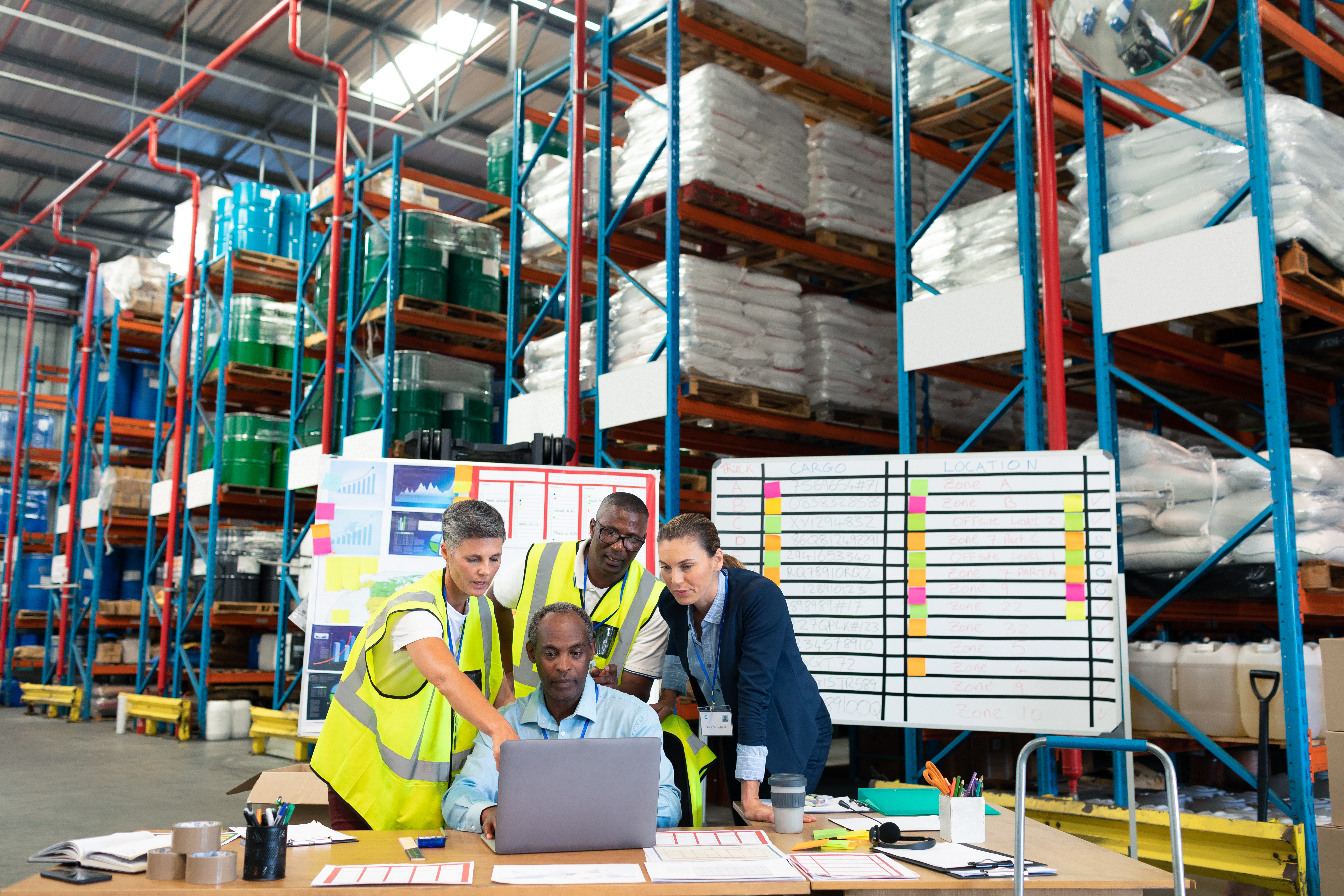 Front view of mature African-american male supervisor with his diverse coworkers discussing over laptop at desk in warehouse. This is a freight transportation and distribution warehouse. Industrial and industrial workers concept Front view of mature African-american male supervisor with his diverse coworkers discussing over laptop at desk in warehouse. This is a freight transportation and distribution warehouse. Industrial and industrial workers concept