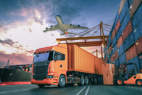 Transportation and logistics of Container Cargo ship and Cargo plane. 3d rendering and illustration.