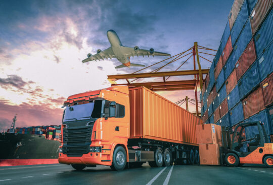 Transportation and logistics of Container Cargo ship and Cargo plane. 3d rendering and illustration.